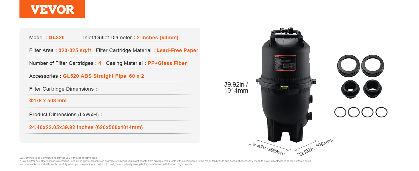 VEVOR cartridge pool filter gl320 with pp+glass fiber casing, 2-inch diameter, includes accessories.