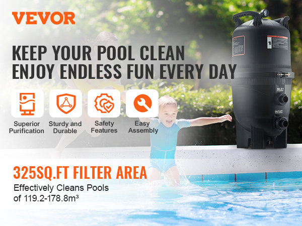 VEVOR cartridge pool filter promotes clean pools with superior purification, durable design, and easy assembly.