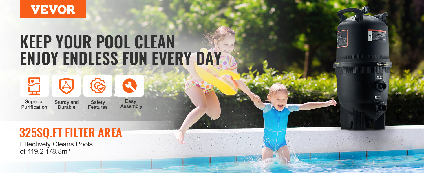 VEVOR cartridge pool filter promotes clean pools with superior purification, durable design, and easy assembly.