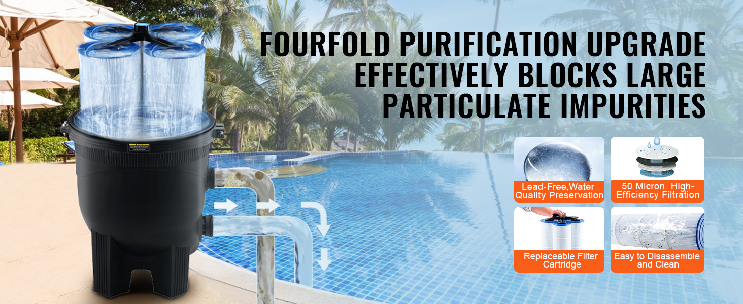 VEVOR cartridge pool filter by a pool, showcasing filtration features and benefits against tropical backdrop.