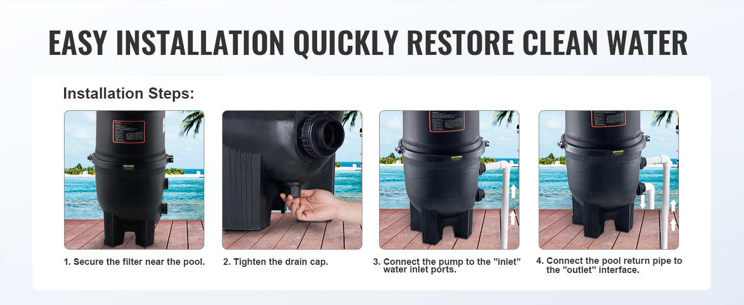 easy installation guide for VEVOR cartridge pool filter to quickly restore clean pool water.
