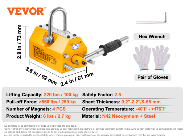 VEVOR magnetic lifter in yellow with specifications: 220 lbs capacity, n42 neodymium, and safety factor of 2.5.