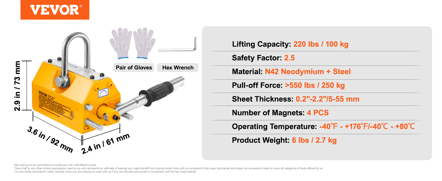 VEVOR magnetic lifter in yellow with specifications: 220 lbs capacity, n42 neodymium, and safety factor of 2.5.