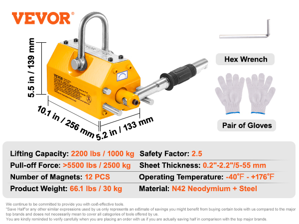 VEVOR magnetic lifter with 2200 lb capacity, includes gloves, hex wrench, n42 neodymium material.