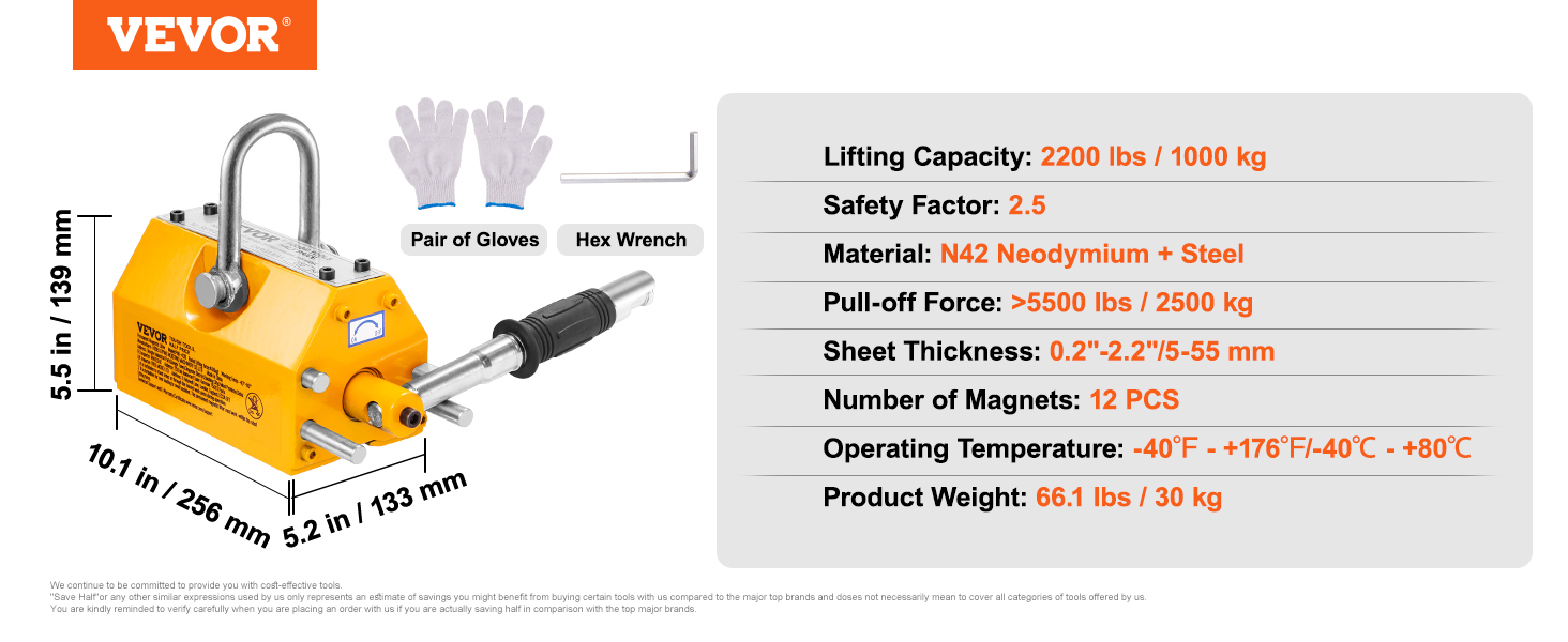 VEVOR magnetic lifter with 2200 lb capacity, includes gloves, hex wrench, n42 neodymium material.