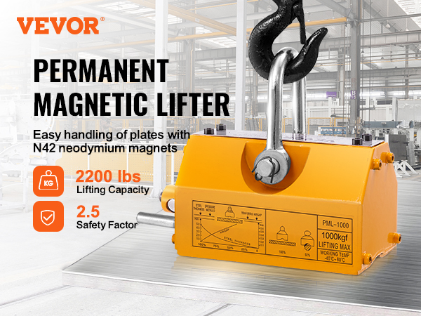VEVOR magnetic lifter with 2200 lbs lifting capacity and 2.5 safety factor in an industrial setting.