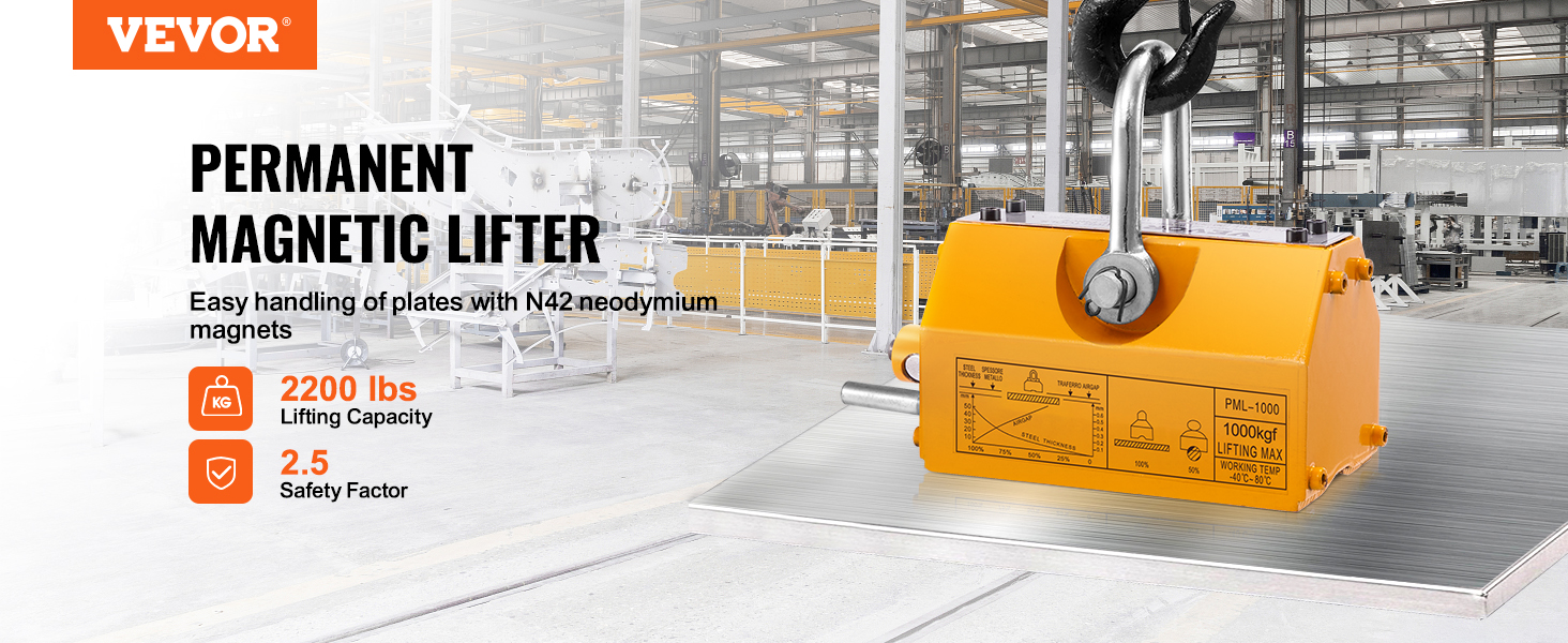 VEVOR magnetic lifter with 2200 lbs lifting capacity and 2.5 safety factor in an industrial setting.