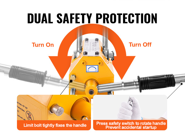 VEVOR magnetic lifter dual safety protection highlighting limit bolt, switch, and handle mechanism.
