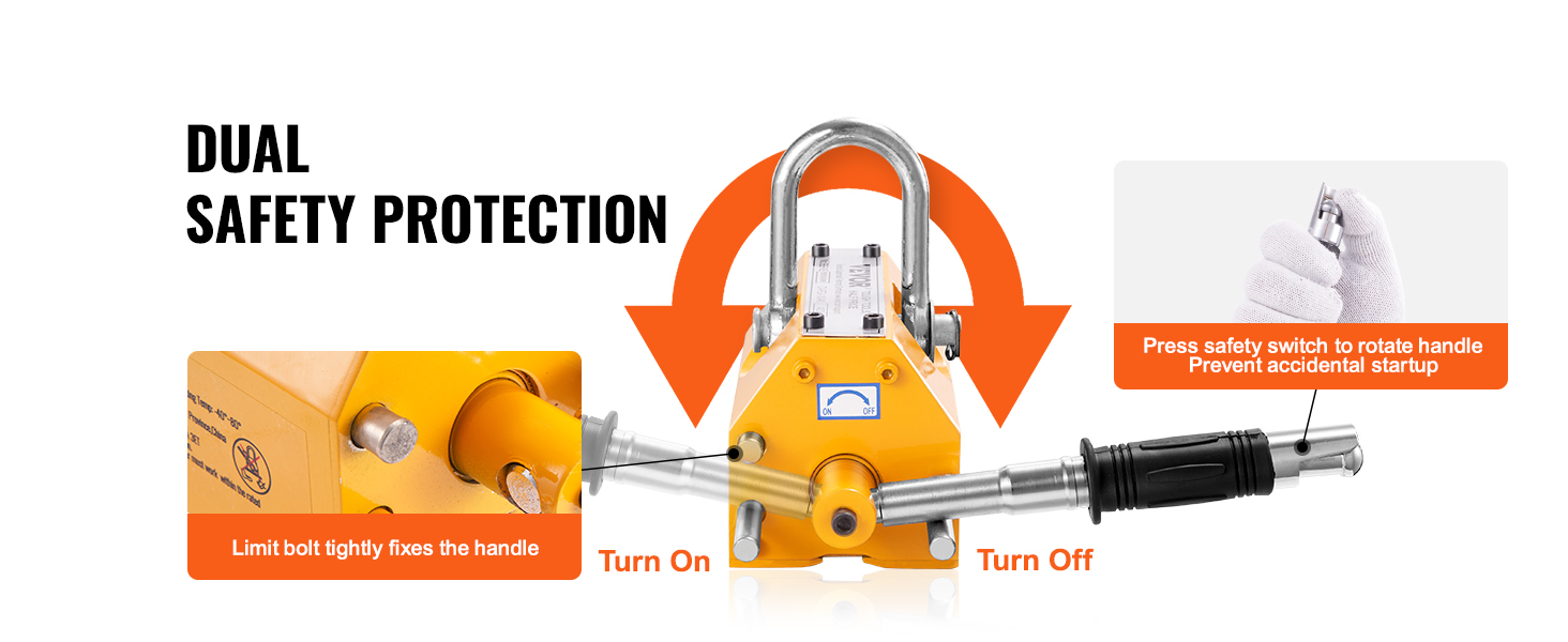 VEVOR magnetic lifter dual safety protection highlighting limit bolt, switch, and handle mechanism.