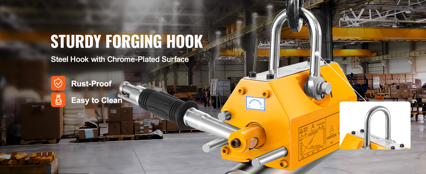 VEVOR magnetic lifter with sturdy chrome-plated steel hook, rust-proof and easy to clean in a warehouse.