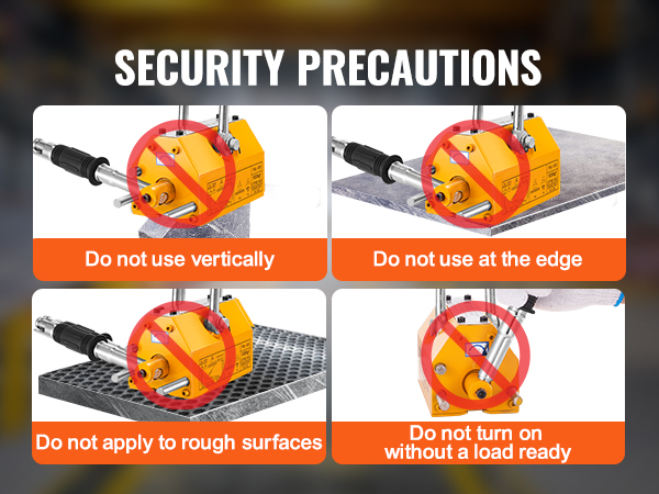 VEVOR magnetic lifter security precautions: no vertical use, no edge lifting, no rough surfaces, no loadless use.