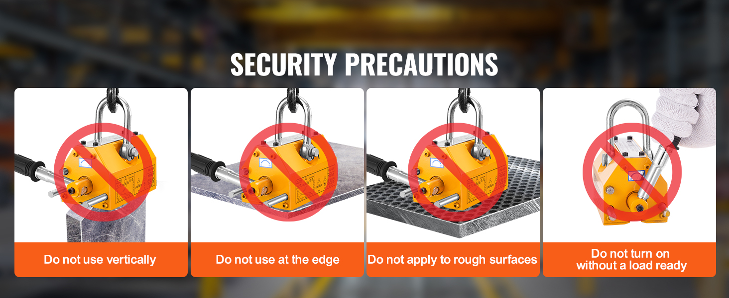 VEVOR magnetic lifter security precautions: no vertical use, no edge lifting, no rough surfaces, no loadless use.