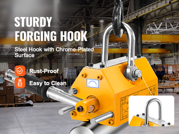 VEVOR magnetic lifter with chrome-plated steel hook, rust-proof, and easy to clean in industrial setting.