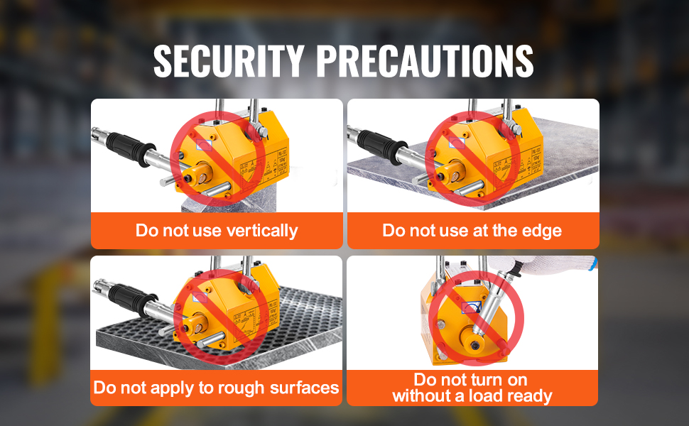 VEVOR magnetic lifter safety precautions: no vertical use, edge use, rough surfaces, or turning on unloaded.