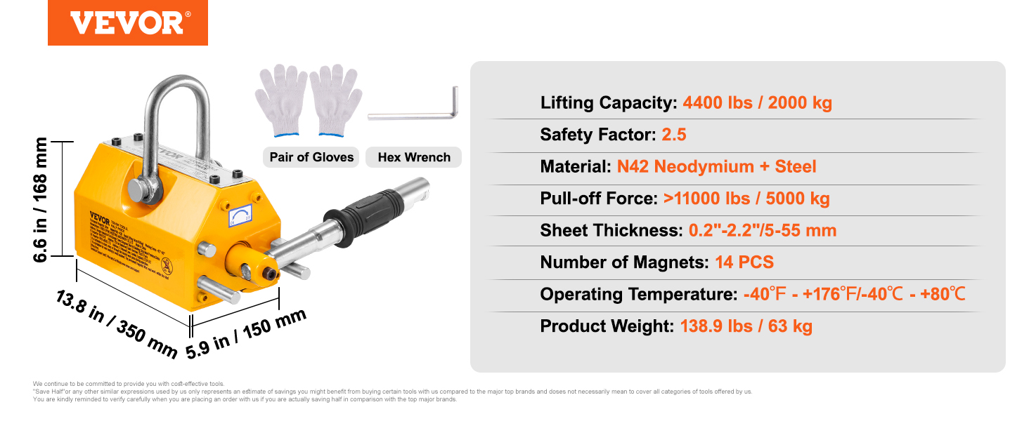 VEVOR magnetic lifter with 4400 lbs capacity, n42 neodymium, gloves, hex wrench, and specs provided.