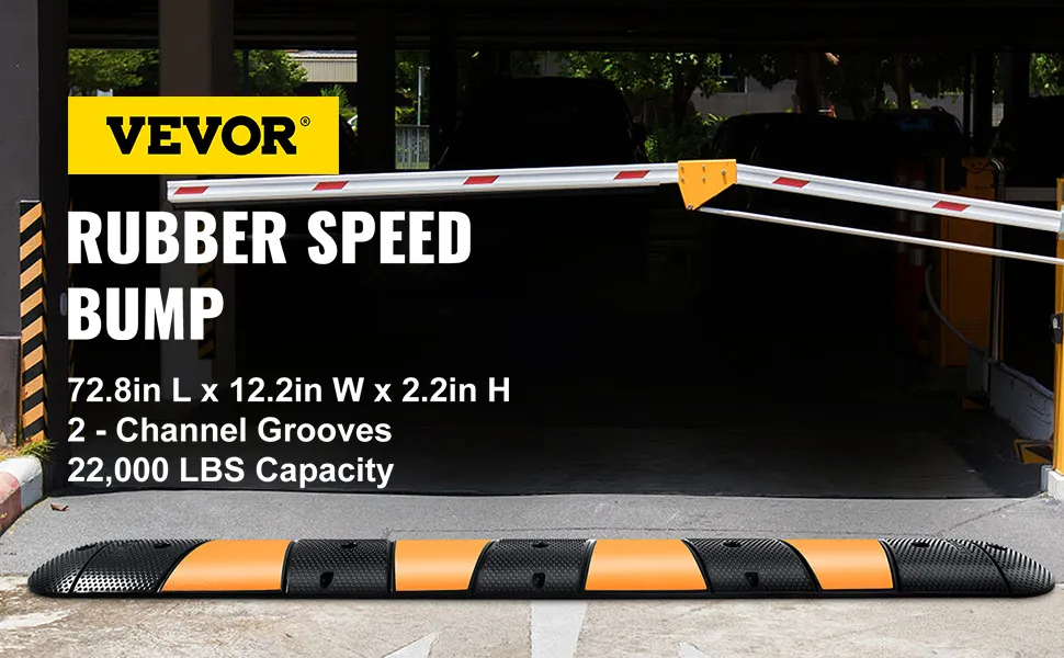 VEVOR rubber speed bump in parking area with barrier arm.