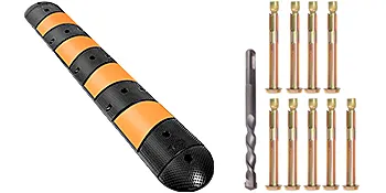 VEVOR rubber speed bump with hardware bolts and installation drill bit.