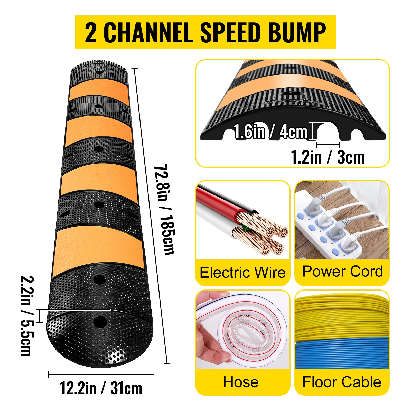 VEVOR rubber speed bump with 2 channels, black and yellow, 72.8in long.
