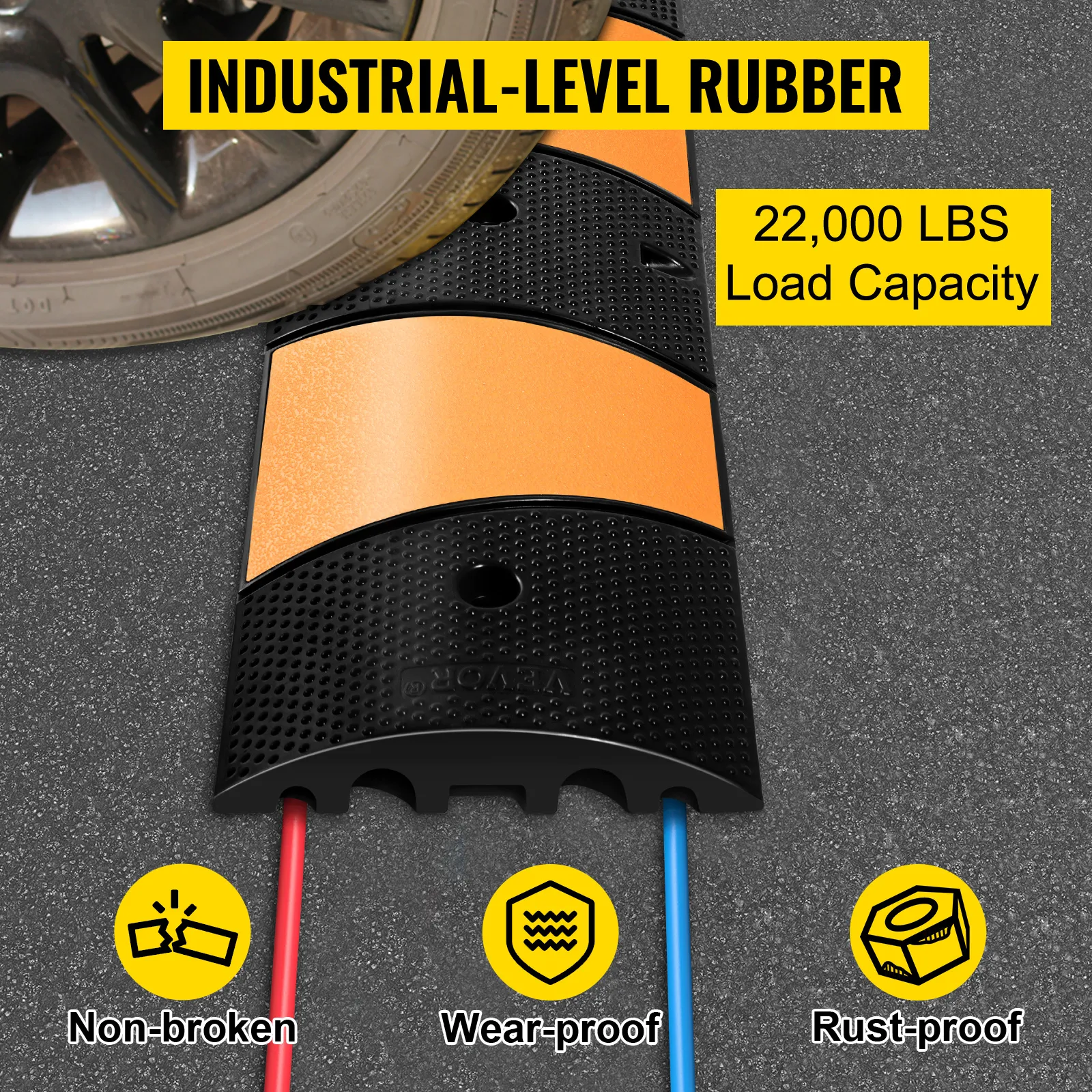VEVOR rubber speed bump with 22,000 lbs load capacity, non-broken, wear-proof, rust-proof.