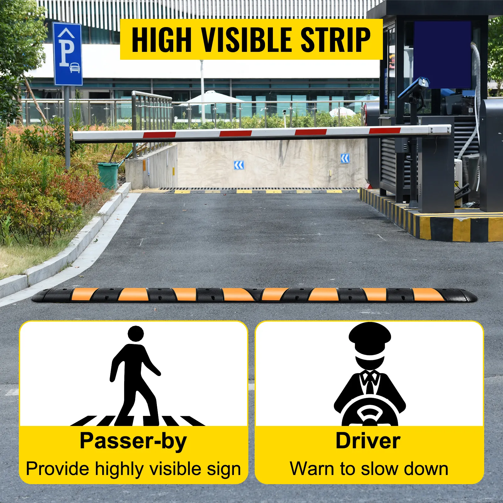 parking entrance with VEVOR rubber speed bump, high visible strip, and warning signs.