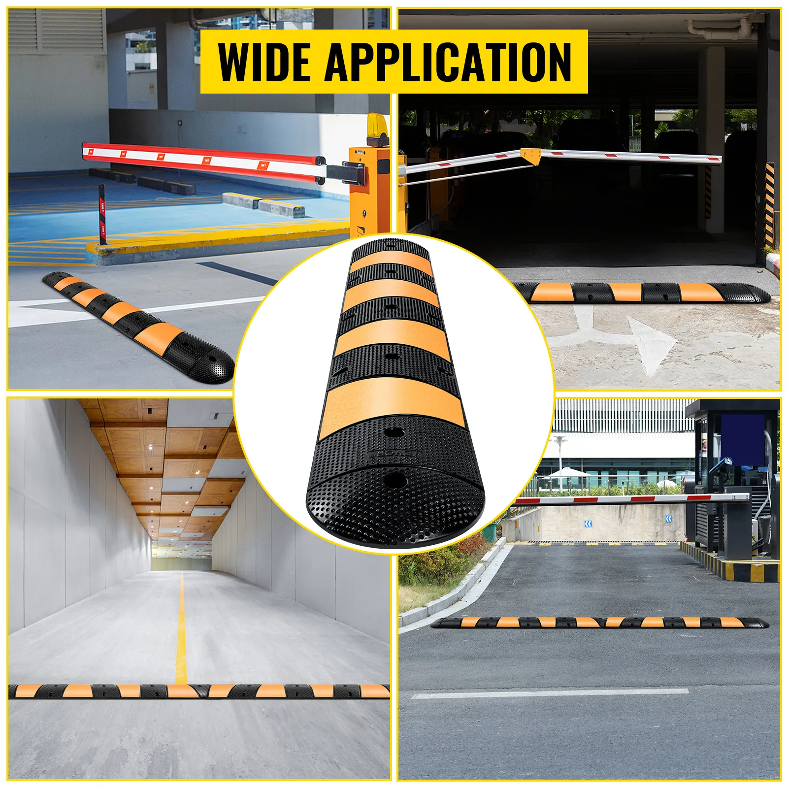 VEVOR rubber speed bump in various parking and roadway settings, shows wide application.