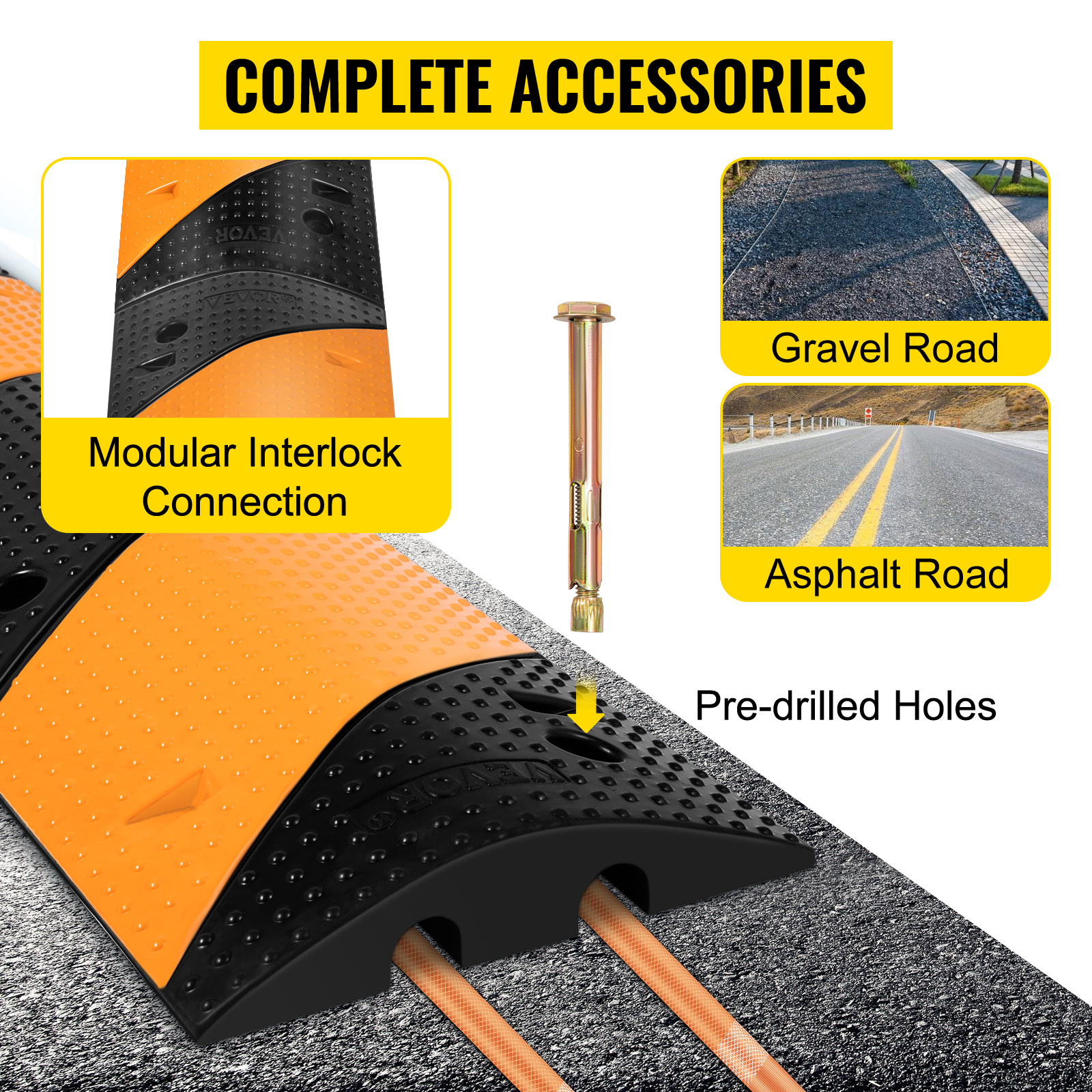 VEVOR rubber speed bump with pre-drilled holes and modular interlock connection.