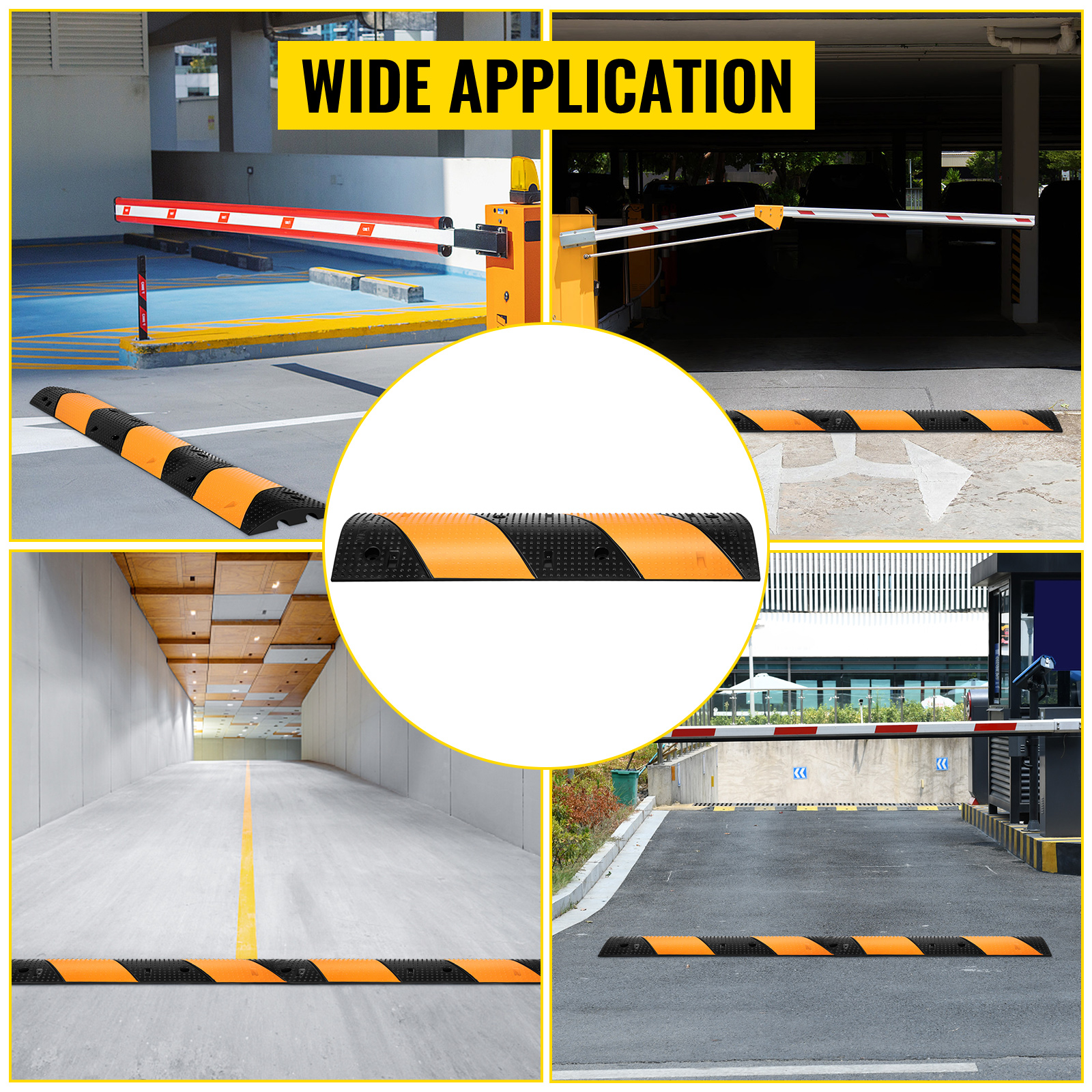 VEVOR rubber speed bump installed in various parking and driveway locations.