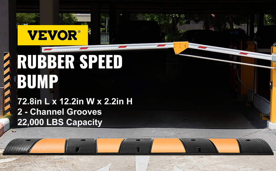 VEVOR rubber speed bump in front of a parking barrier gate.