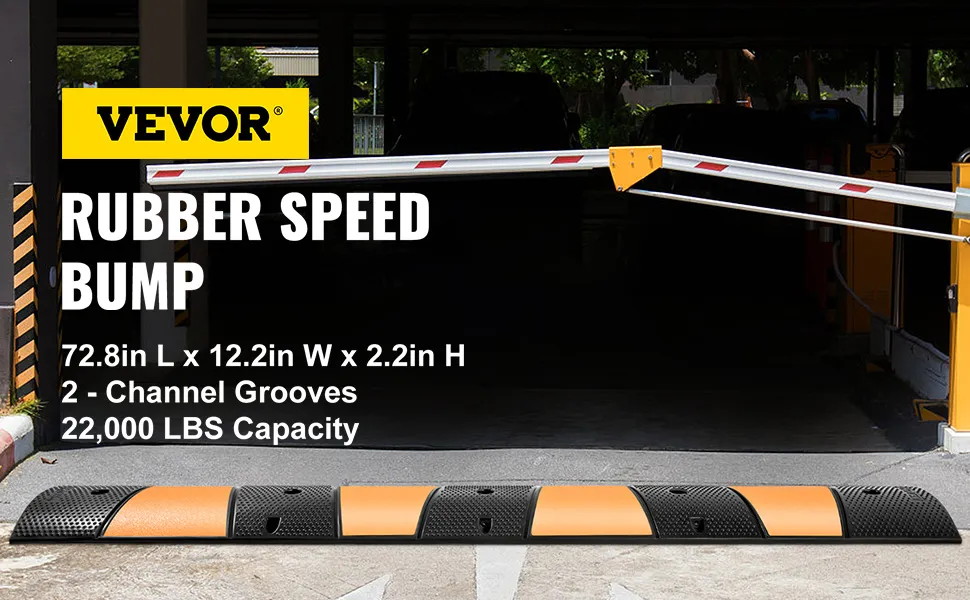 VEVOR rubber speed bump in parking garage, black and yellow, 72.8in l x 12.2in w.