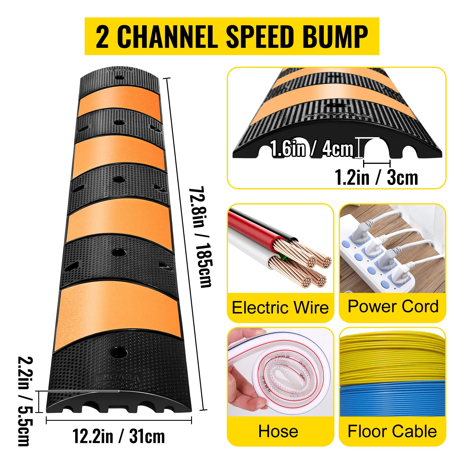 VEVOR rubber speed bump 2 channel, 72.8in x 12.2in, fits electric wire and power cord.
