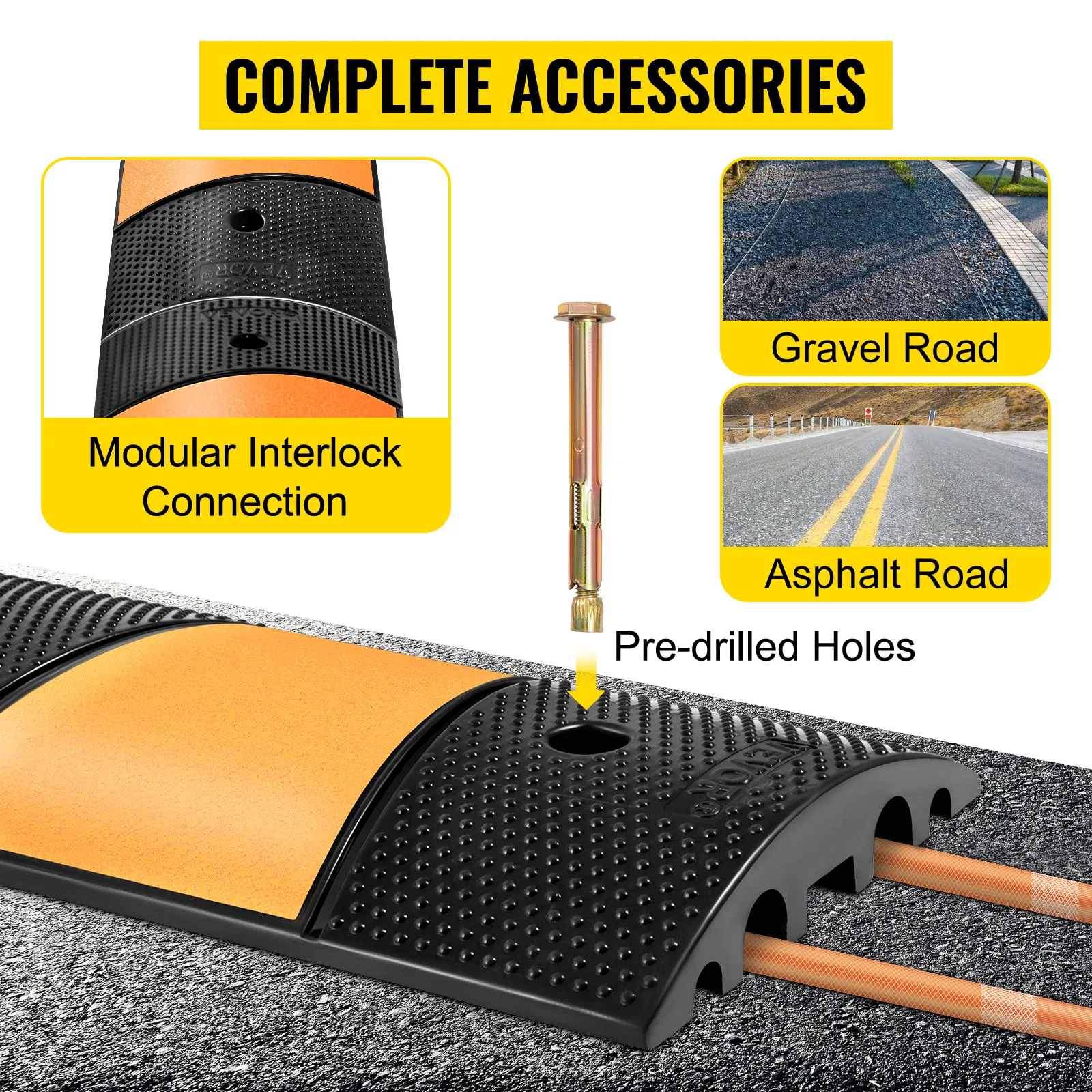 VEVOR rubber speed bump with complete accessories, pre-drilled holes, and interlock connection.