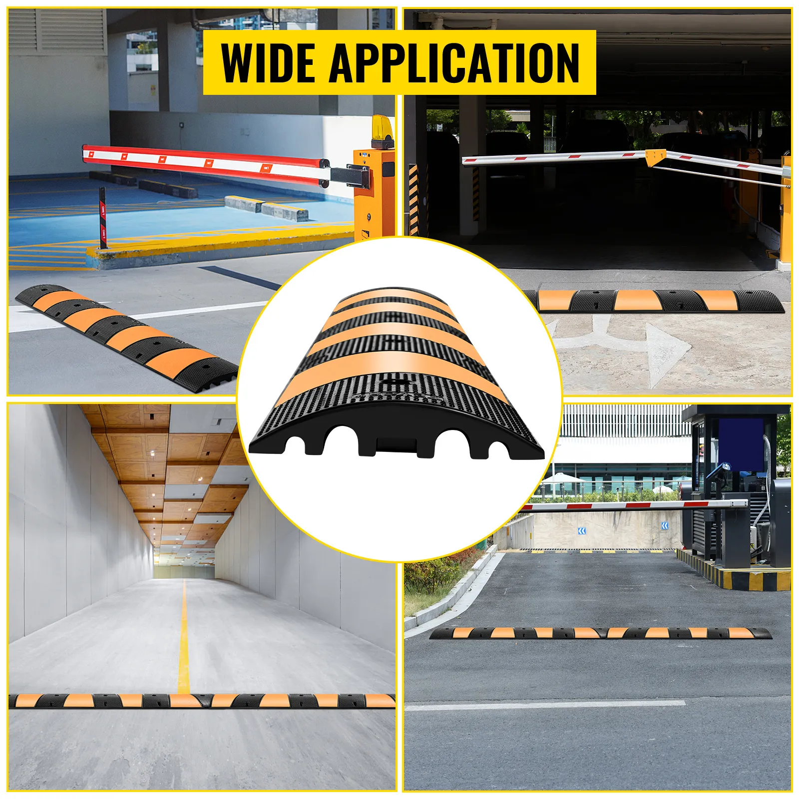 VEVOR rubber speed bump shown in various parking and garage settings for wide application.