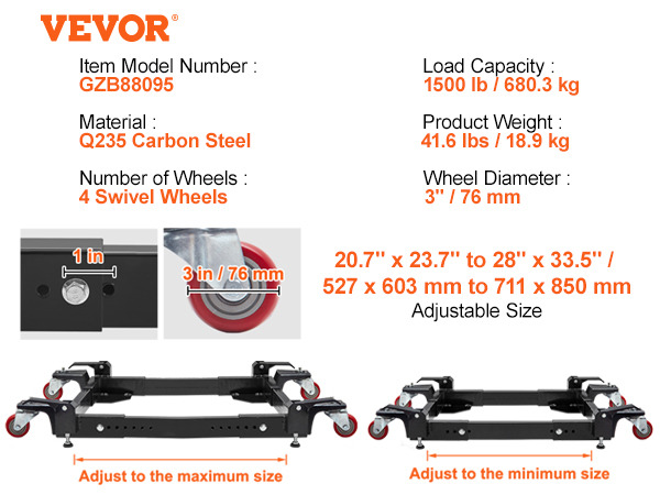 VEVOR mobile base with adjustable size, 4 swivel wheels, 1500 lb capacity, q235 carbon steel, 3" wheels.