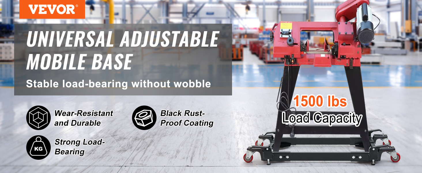 VEVOR mobile base with 1500 lbs load capacity, wear-resistant, durable, and black rust-proof coating.