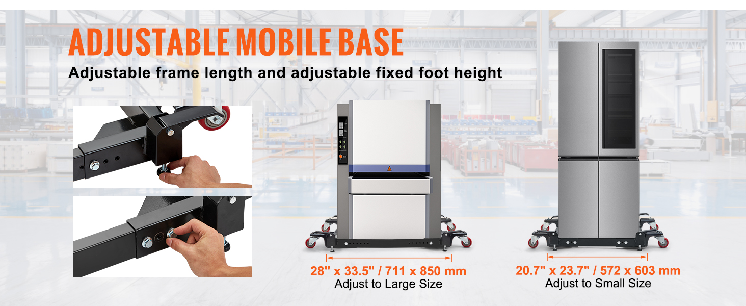 VEVOR mobile base with adjustable frame length and fixed foot height for large and small appliances.