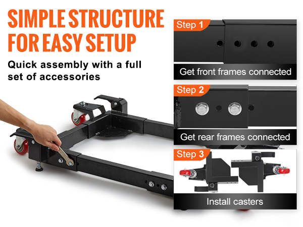 simple assembly of VEVOR mobile base with pre-drilled screw holes, only requires a screwdriver.
