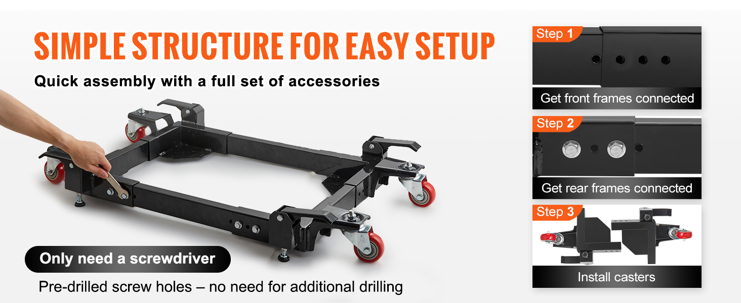 simple assembly of VEVOR mobile base with pre-drilled screw holes, only requires a screwdriver.