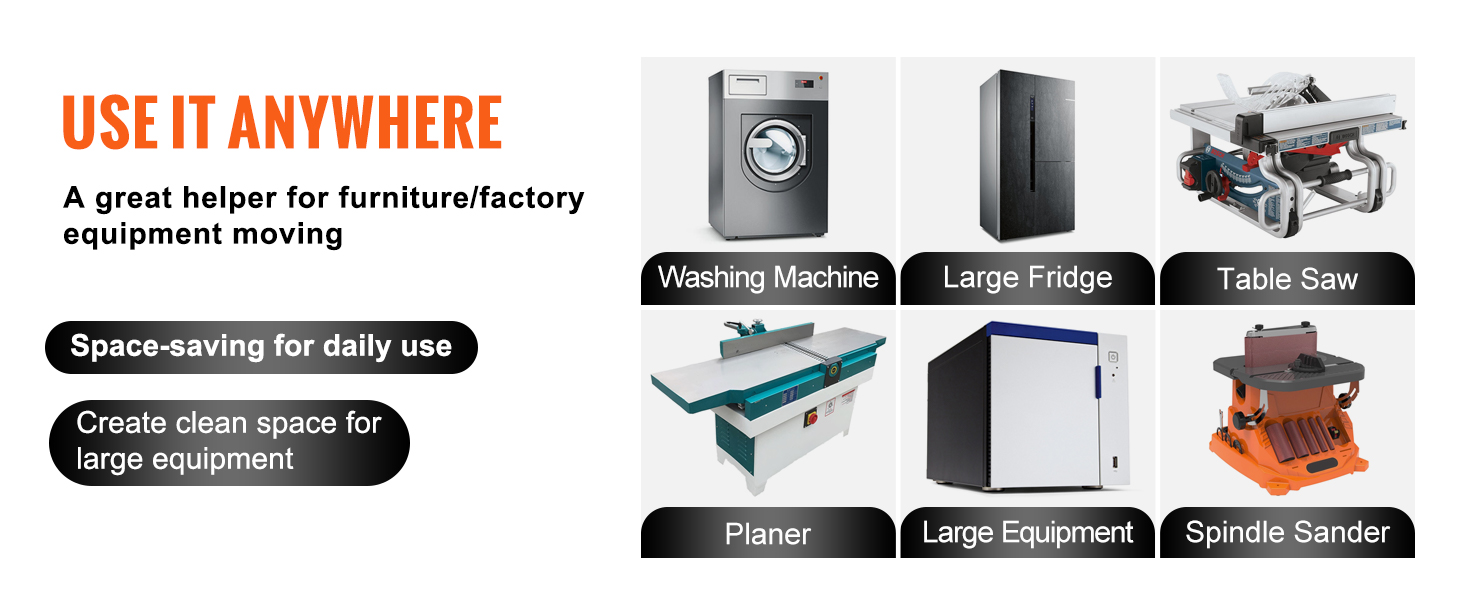 use it anywhere: VEVOR mobile base for washing machine, large fridge, table saw, planer, and spindle sander.