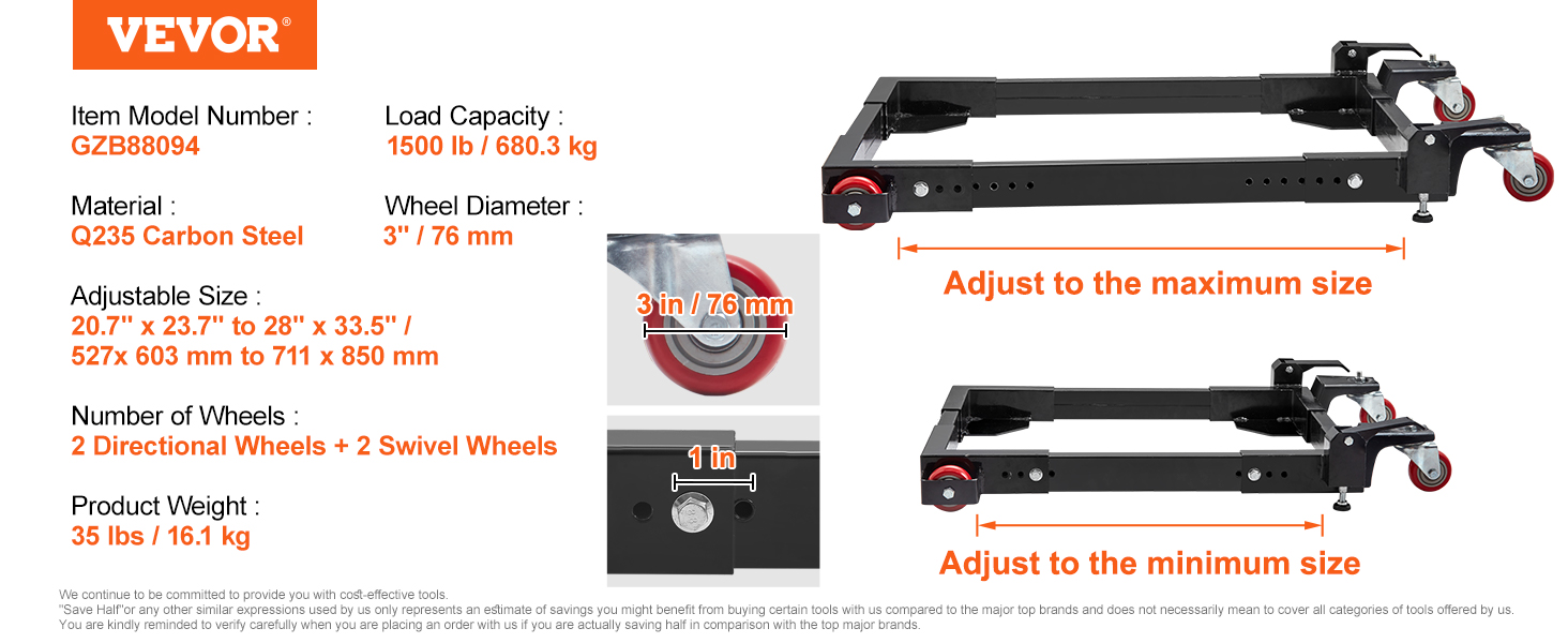 VEVOR mobile base, 1500 lb capacity, adjustable size, q235 carbon steel, 3 in wheels, 35 lbs weight.