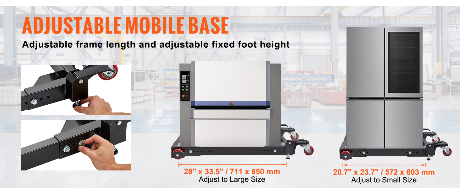 VEVOR mobile base with adjustable frame length and fixed foot height holding appliances.