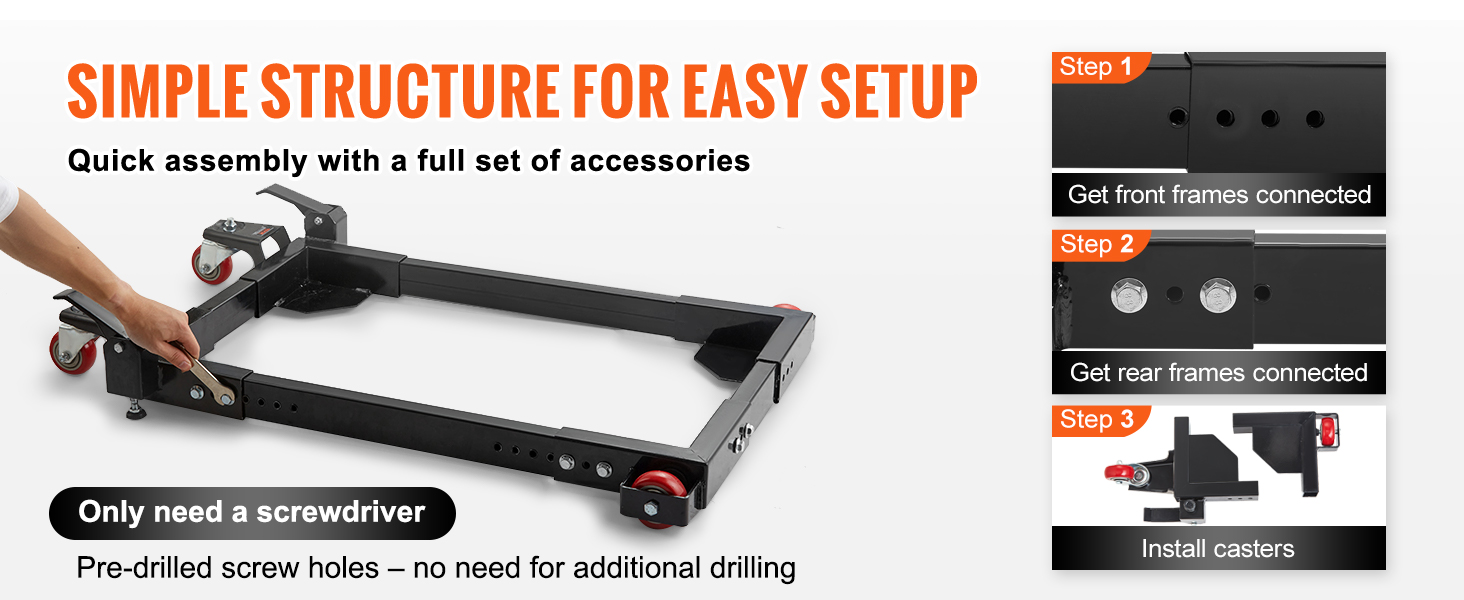 simple assembly with accessories, illustrating VEVOR mobile base setup steps for easy installation.