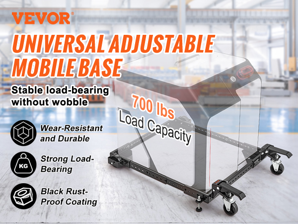 VEVOR mobile base, 700 lbs load capacity, wear-resistant, stable, and durable with black rust-proof coating.