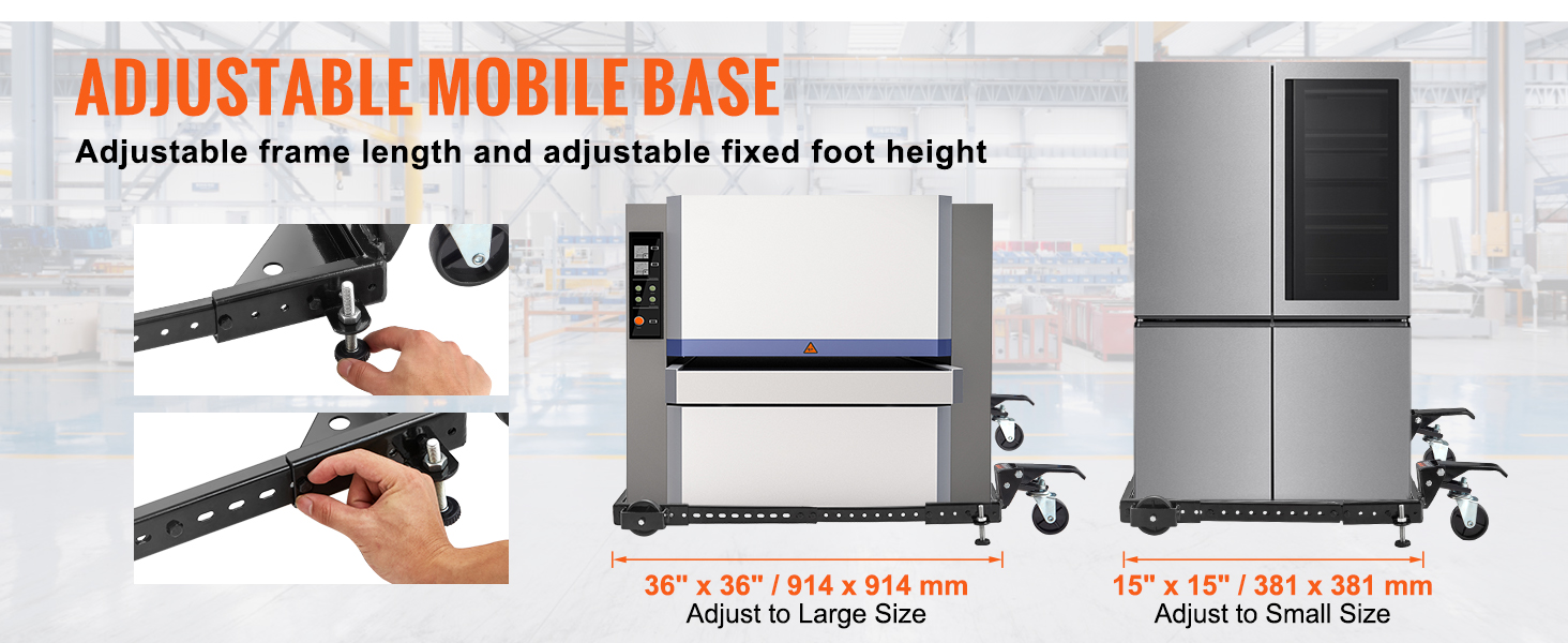 adjustable mobile base with visual guide showing adjustment mechanisms, large and small appliance fits.