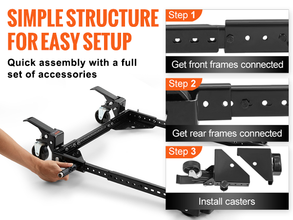 simple assembly for VEVOR mobile base; includes frames, casters, and requires only a screwdriver.