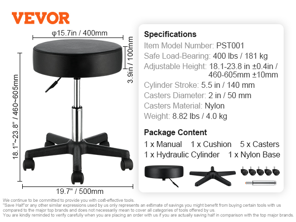 VEVOR rolling stools with adjustable height, nylon casters, and a loading capacity of 400 lbs.