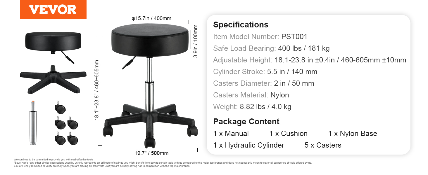 VEVOR rolling stools with adjustable height, nylon casters, and a loading capacity of 400 lbs.
