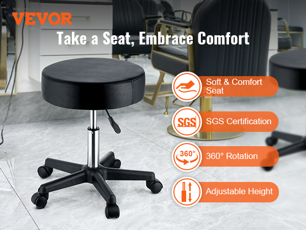 VEVOR rolling stools with soft seat, 360° rotation, adjustable height, and sgs certification.