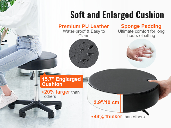 soft and enlarged VEVOR rolling stools cushion with premium pu leather and sponge padding for extra comfort.