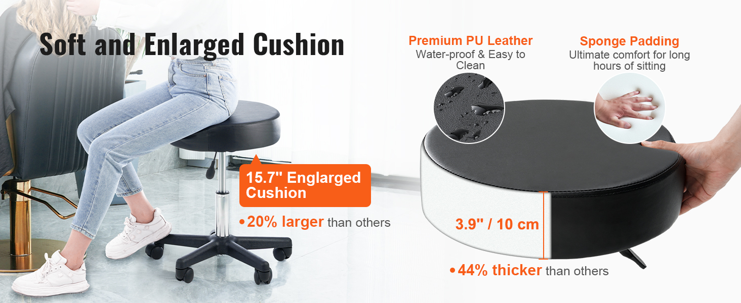 soft and enlarged VEVOR rolling stools cushion with premium pu leather and sponge padding for extra comfort.