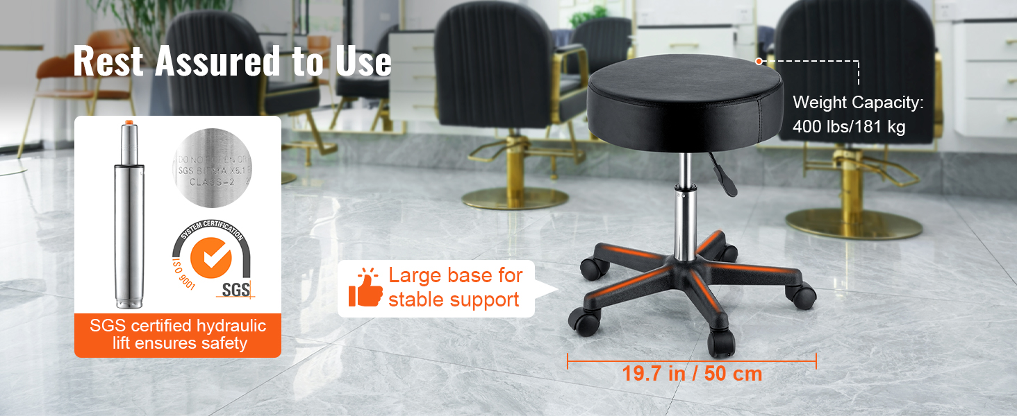 VEVOR rolling stools with large base, 400 lbs capacity, and sgs certified hydraulic lift for safety.